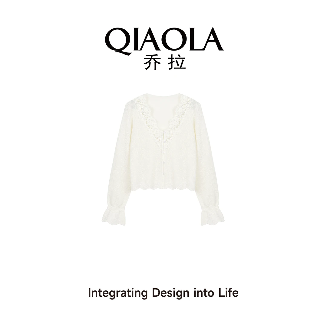 QIAOLA/乔拉【碧池香荷】秋冬季羊毛混纺蕾丝V领百搭上衣蕾丝衫预售