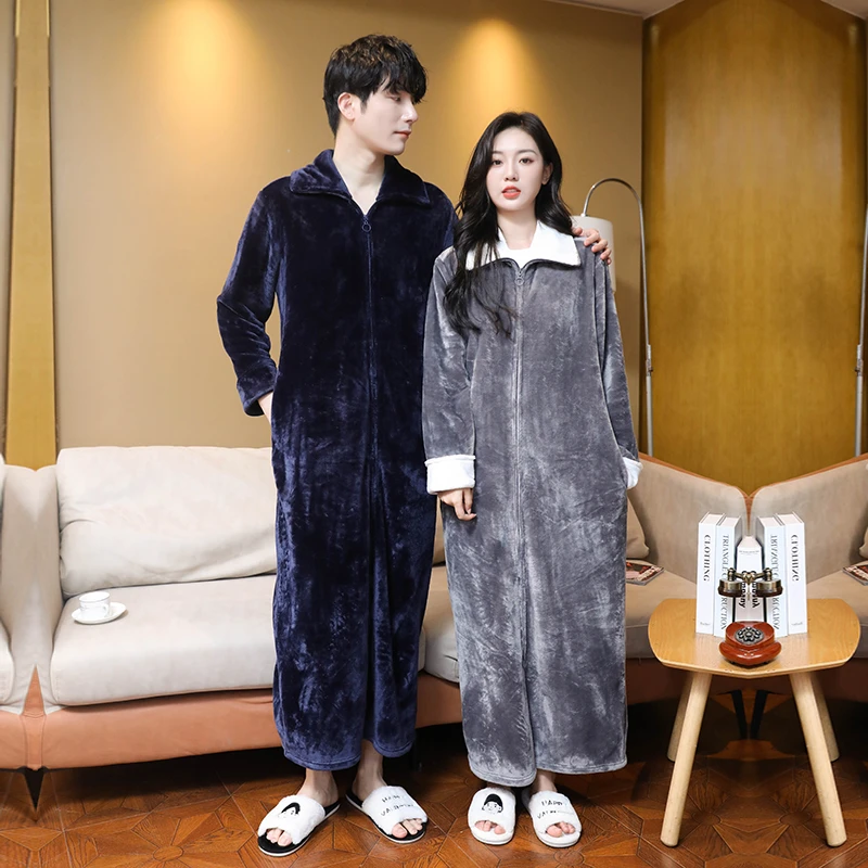 可外穿连体睡衣秋冬男士大码睡裙立领加厚加长女睡袍绒睡衣裙情侣