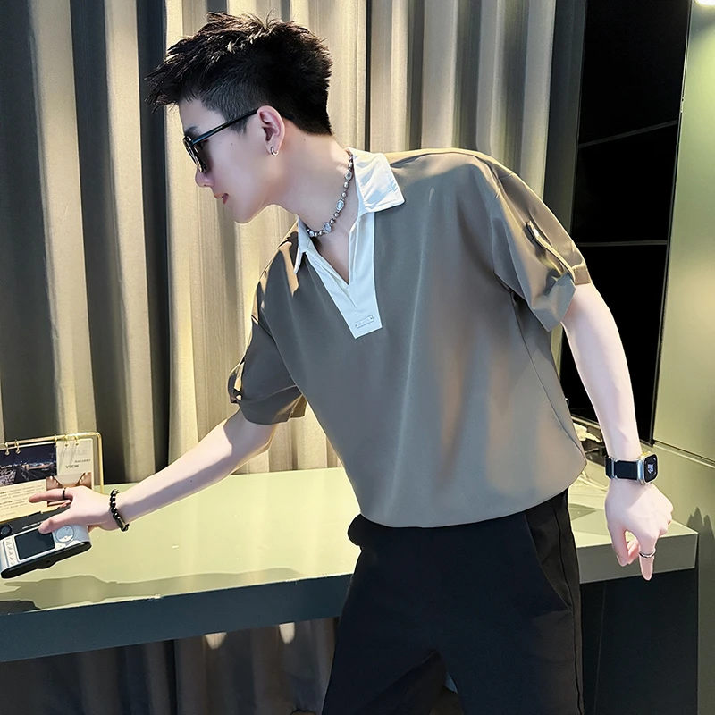 设计感撞色短袖男夏季潮牌痞帅V领T恤2024新款休闲男士薄款体恤衫