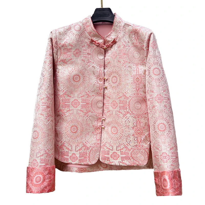 加棉国风宋锦提花秋冬立领外套上衣中国风粉色禅意新中式国风女装