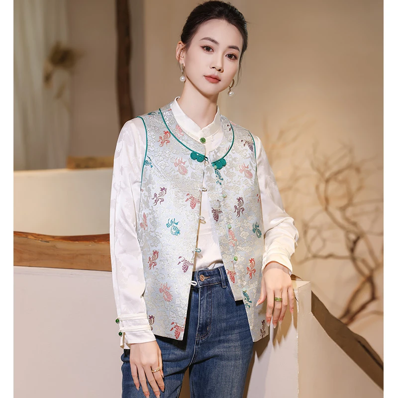 新中式复古马甲女2024提花气质时尚马夹中国风民族风绣花百搭秋季