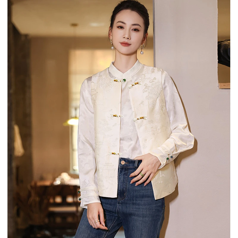 新中式气质白色时尚休闲春秋无袖宽松中式马甲提花马夹中国风提花