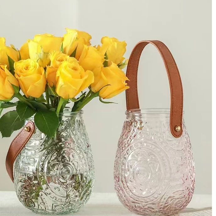 提手玻璃花瓶一只粉色