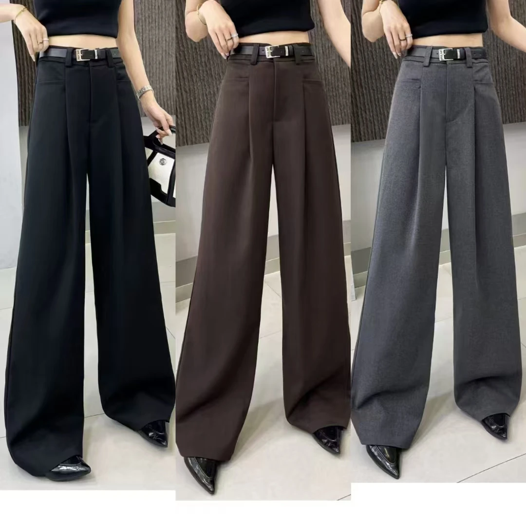 高级设计感黑色西装裤阔腿裤女秋季高腰宽松长裤垂感拖地直筒裤