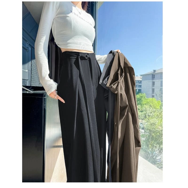 高级感黑色西装阔腿休闲裤女2025新款宽松系带高腰垂感拖地裤