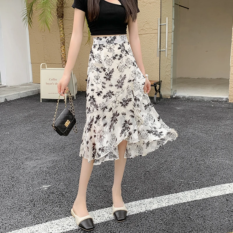 法式不规则碎花半身裙女夏季新款高腰显瘦小个子中长款a字大摆裙