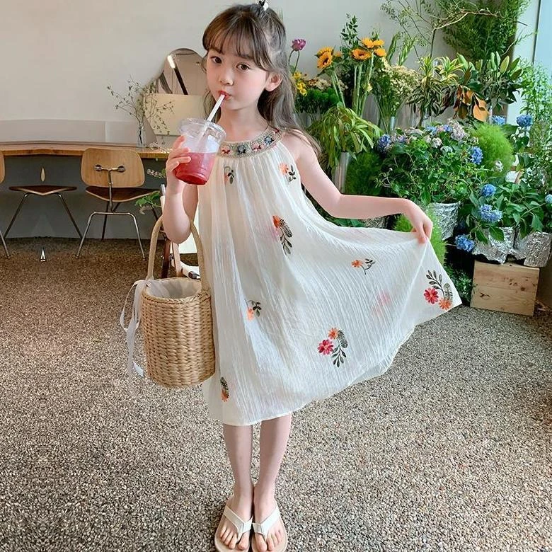 女童连衣裙夏装新款儿童无袖吊带连衣裙薄款女大童法式挂脖裙子潮