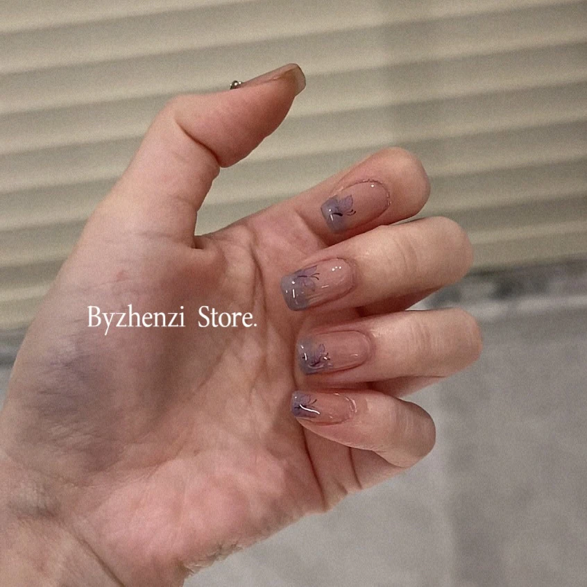 BYZHENZI STORE【暗香】蝴蝶法式可爱简约紫色夏天甲油膜
