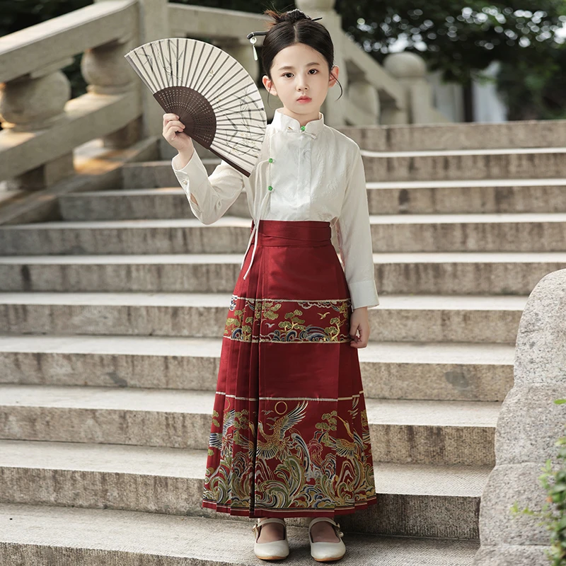 红色马面裙女童2024新款国风新中式长袖汉服儿童唐装高级感半身裙