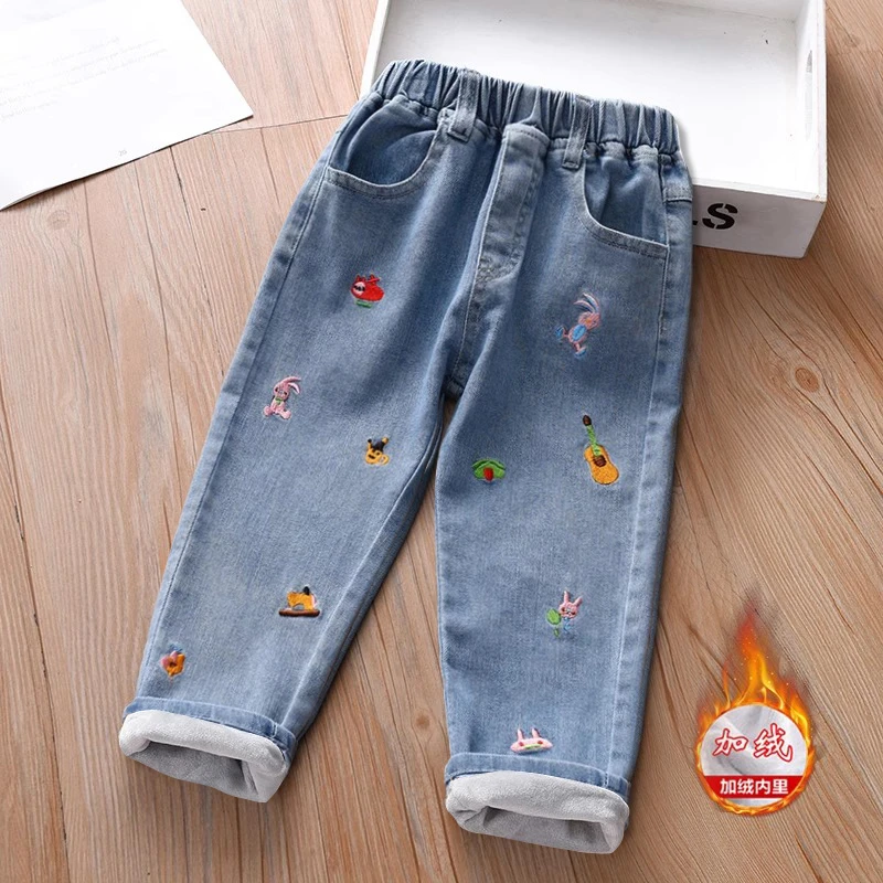 女童冬季加绒牛仔裤女孩休闲外穿裤子2025新款宝宝百搭加厚长裤