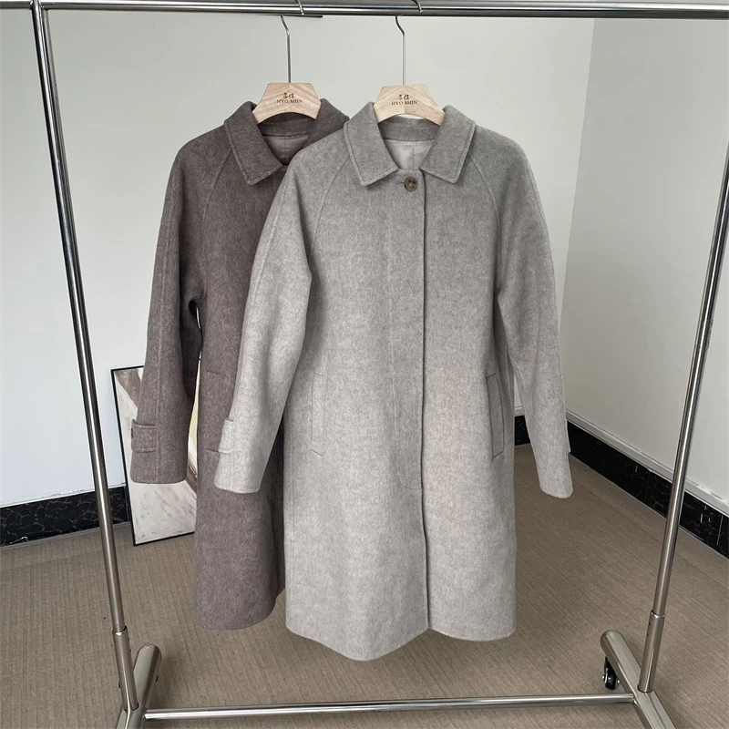 HS3238 2024年秋冬新款韩系小方领羊毛大衣裙摆宽松外套长款风衣