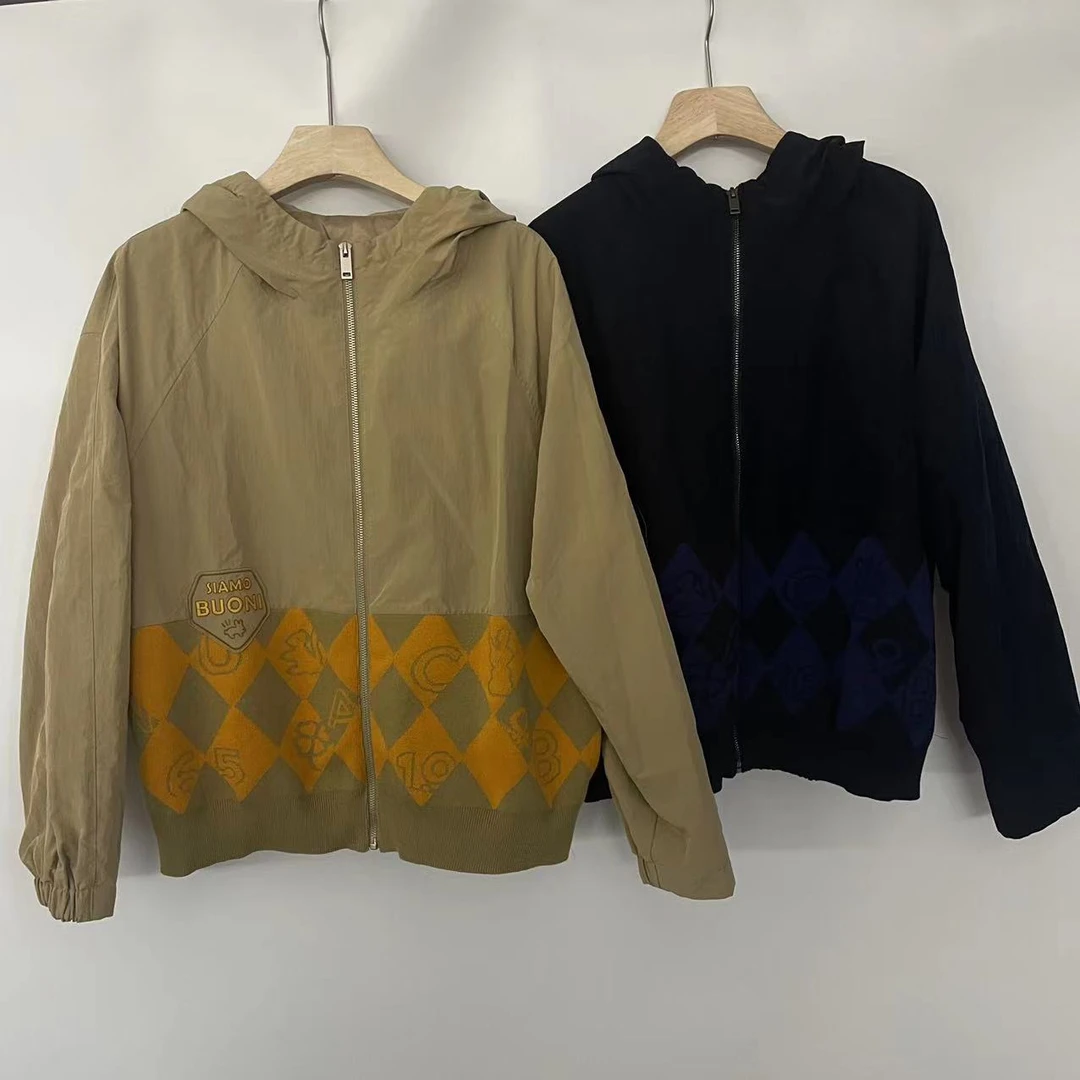 HS2842 毛线+梭织拼接春秋外套女外套长袖运动时尚休闲百搭连帽