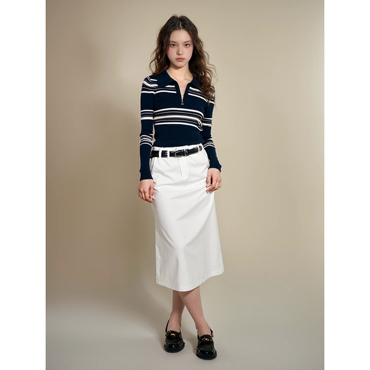 2025秋冬新款法式条纹长袖T恤女半开领拉链百搭针织衫上衣女装