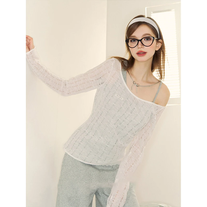 2025秋季新款法式假两件长袖针织衫女镂空不规则设计感打底上衣女
