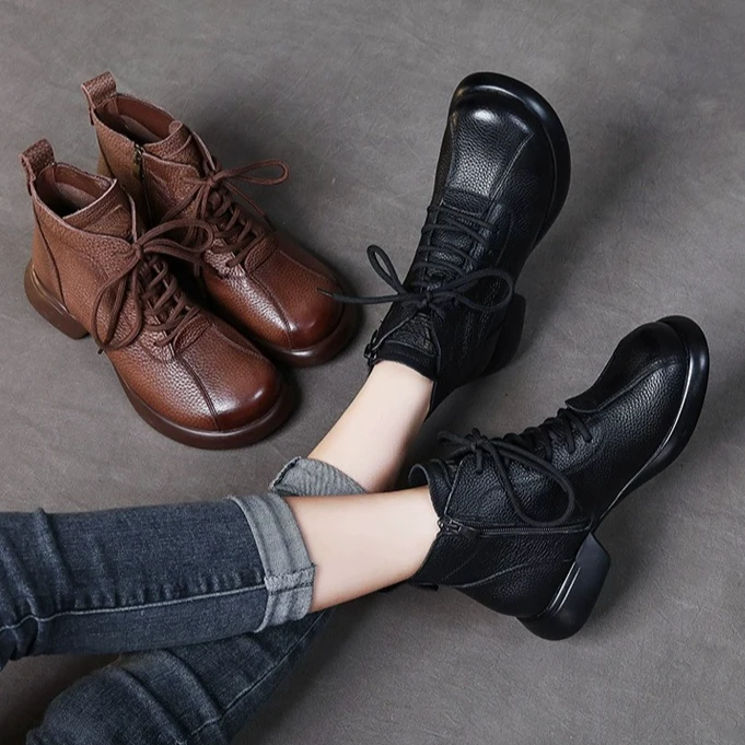 【朵苮品牌】【托】系带马丁靴加绒2024新款短靴时尚妈妈鞋棉靴6190