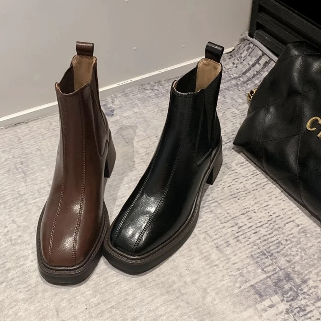 复古方头粗跟瘦瘦靴百搭切尔西2024秋冬新款百搭短筒靴子女3760A