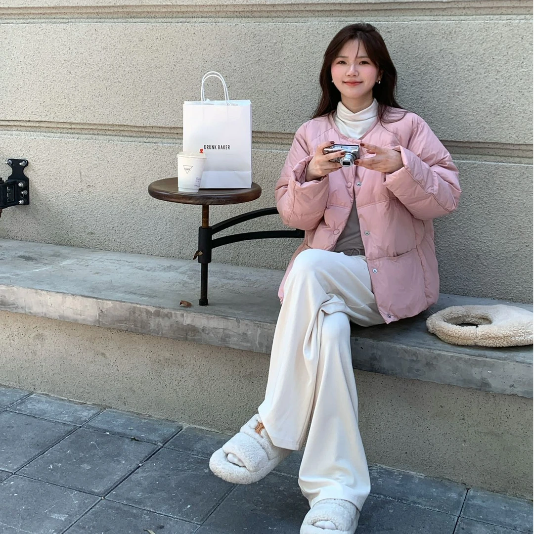 舒芙蕾天鹅拼接90绒百搭羽绒服ins网红短款宽松加厚保暖韩版粉色