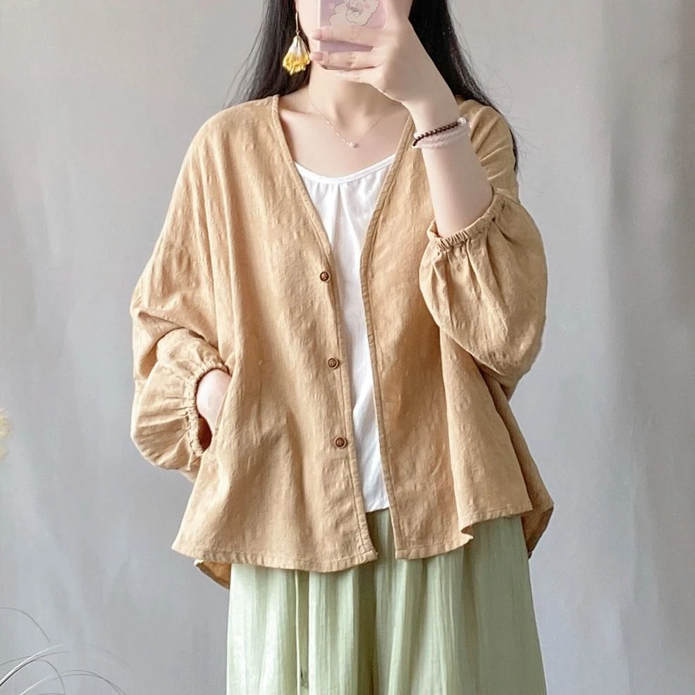 【棉麻提花开衫】夏季防晒衣衬衫女外搭文艺宽松显瘦蝙蝠袖长袖空