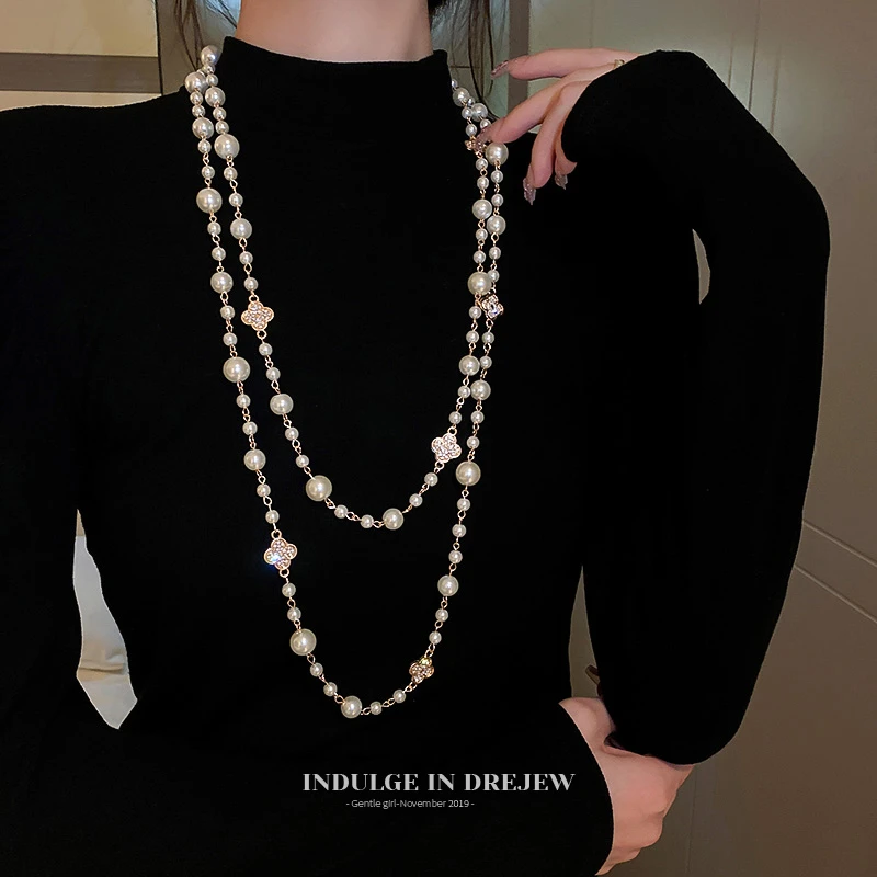 合金仿珍珠项链 轻奢高级感长颈链新中式国风毛衣链配饰