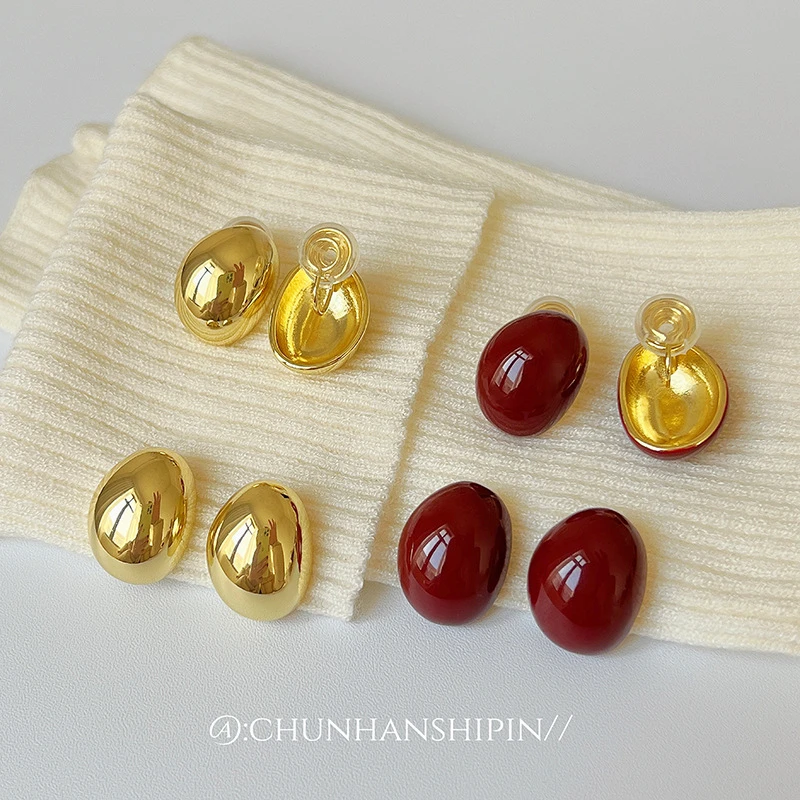 铜合金耳饰 秋冬复古椭圆无耳洞耳夹光面设计女蚊香盘耳饰