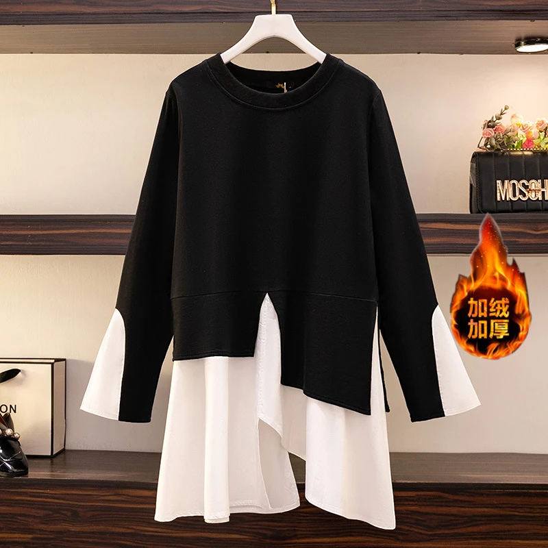 300斤大码女装胖mm撞色长袖不规则加绒加厚T恤秋冬新款