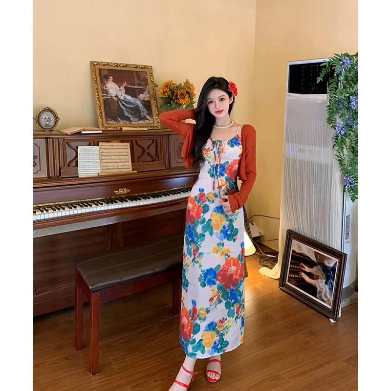 【 加州梦境】300斤大码女装胖mm港风印花吊带连衣裙套装气质显瘦新