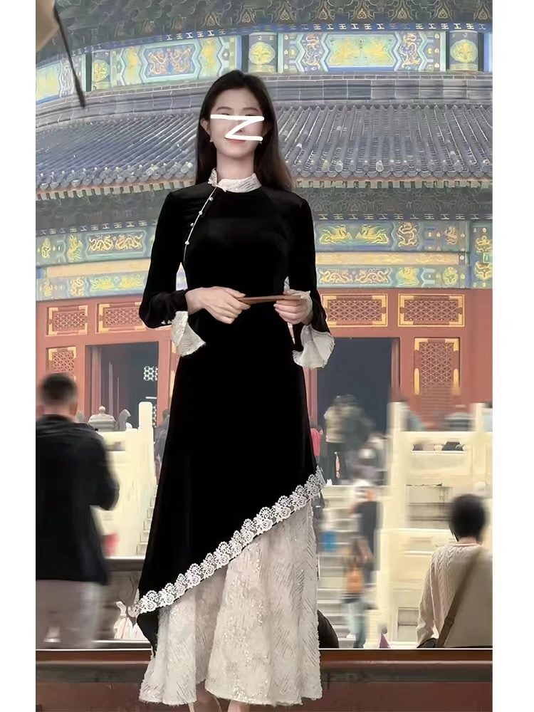 特大码定制~【墨染】300斤女装胖mm显瘦高级感拼接新中式鱼尾连衣裙