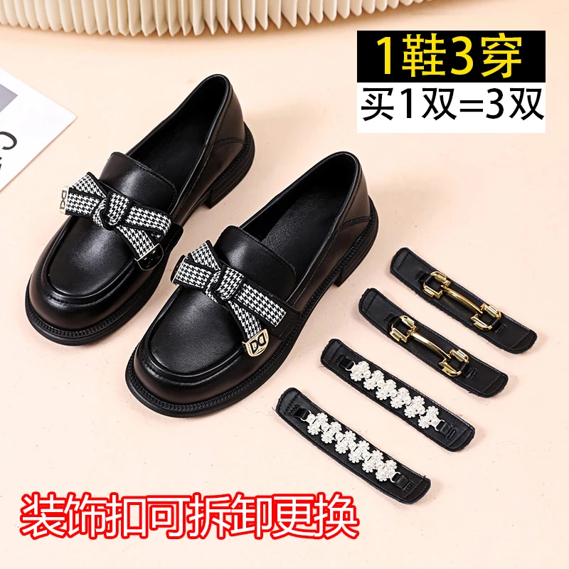 2023新款魔术贴乐福鞋女学院小皮鞋平底柔软单鞋蝴蝶结一脚蹬女鞋