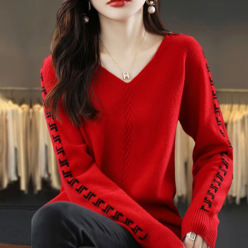 胖mm秋冬大码红色v领毛衣女遮肚子宽松上衣内搭可外穿针织打底衫