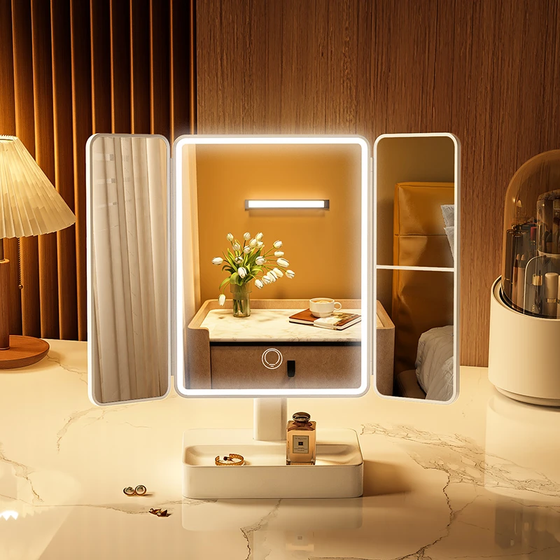 化妆镜带灯台式led发光桌面补光折叠梳妆台贝壳智能双开美妆镜子