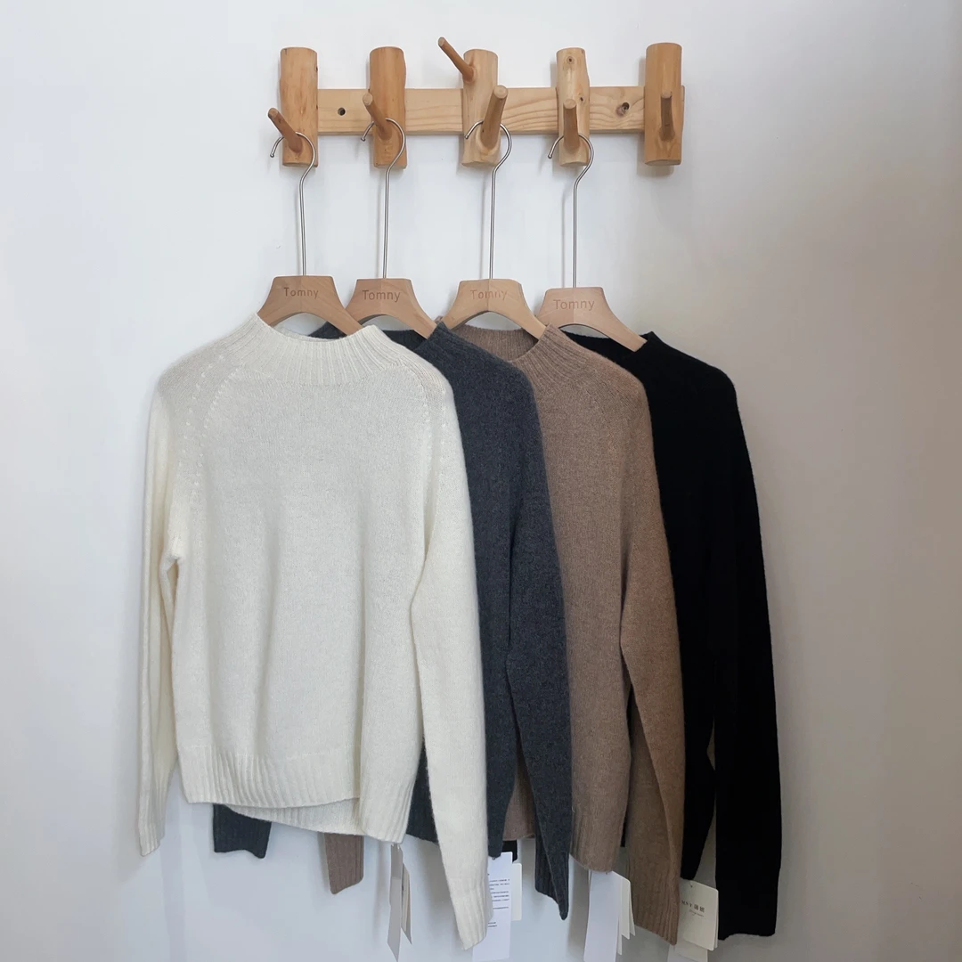 2024秋冬新款简约百搭半高领插肩袖纯色山羊绒衫加厚保暖修身打底