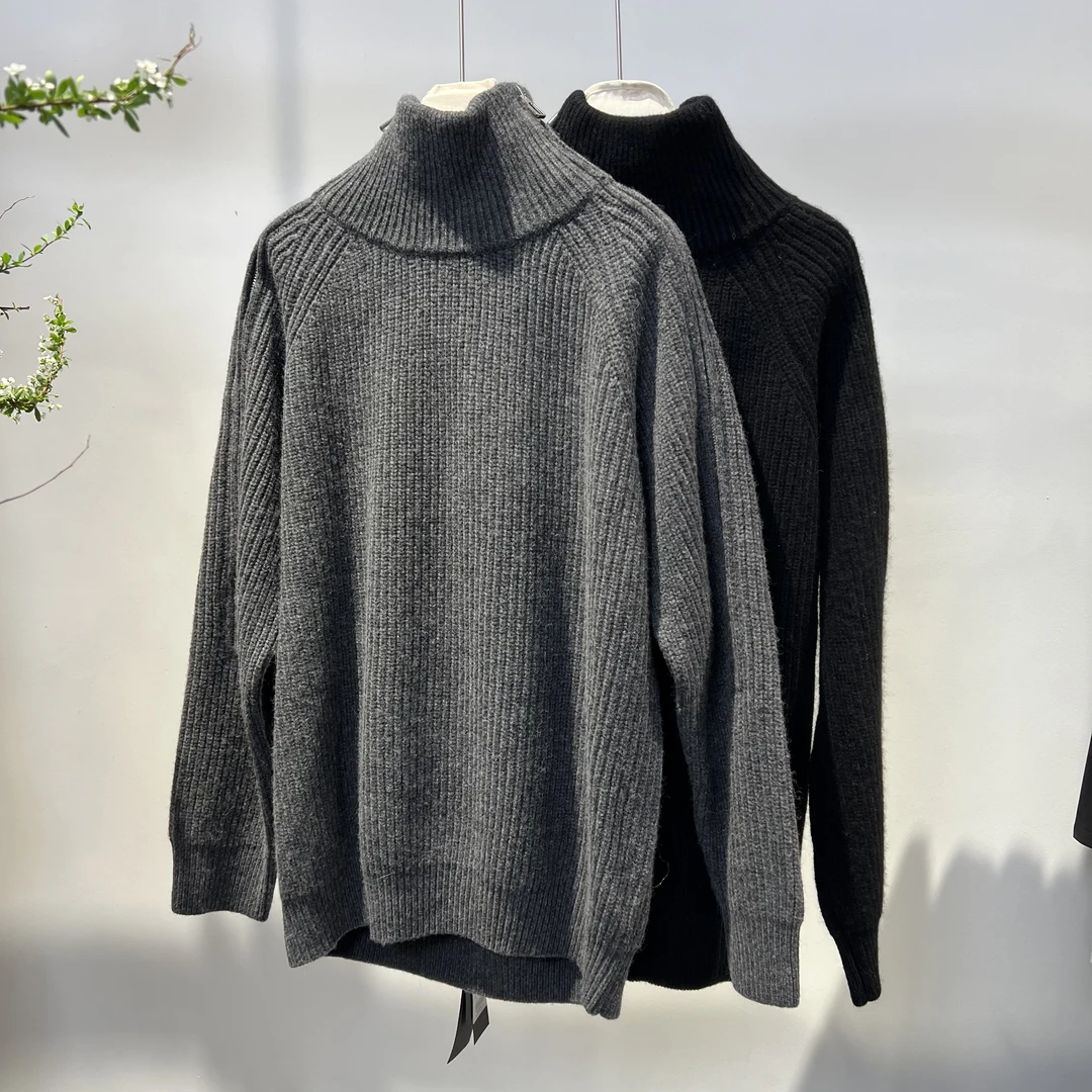 冬季新款百搭气质宽松斜拉链长袖羊毛衫毛衣加厚时尚