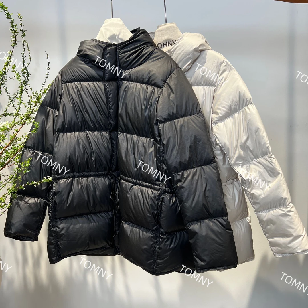 2024冬连帽收腰显瘦休闲泡芙羽绒服女中长款蓬松保暖白鸭绒外套