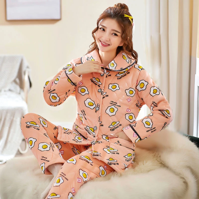 冬款三层夹棉睡衣冬天卡通长袖女加厚保暖加绒家居服法兰绒套装