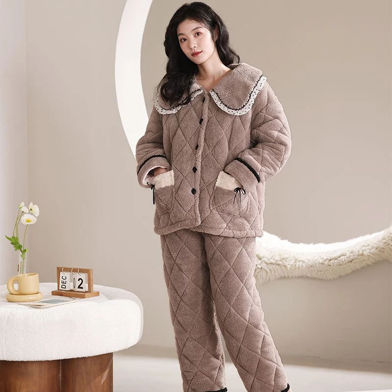 秋冬季三层加厚夹棉睡衣女士加绒保暖套装可外穿珊瑚绒家居服棉袄