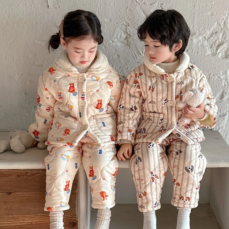 冬季新款儿童家居服加绒厚男女童三层夹棉宝宝保暖睡衣套装两件套