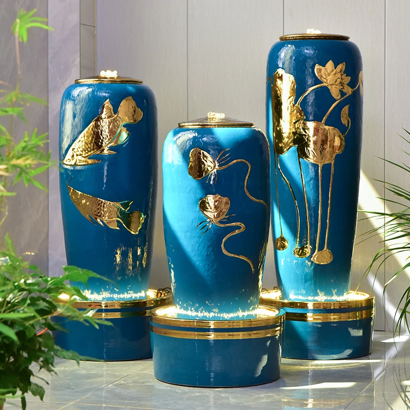 陶瓷流水喷泉摆件落地轻奢花瓶新中式客厅家居饰品风水轮新居礼品