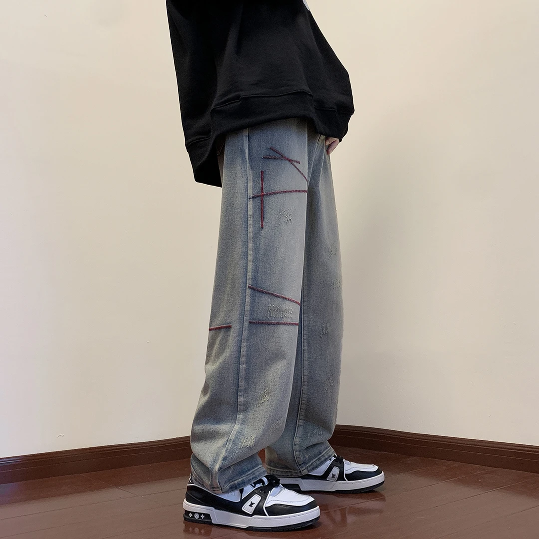 刺绣牛仔裤男春秋美式复古做旧宽松直筒长裤ins高街潮牌vibe裤子
