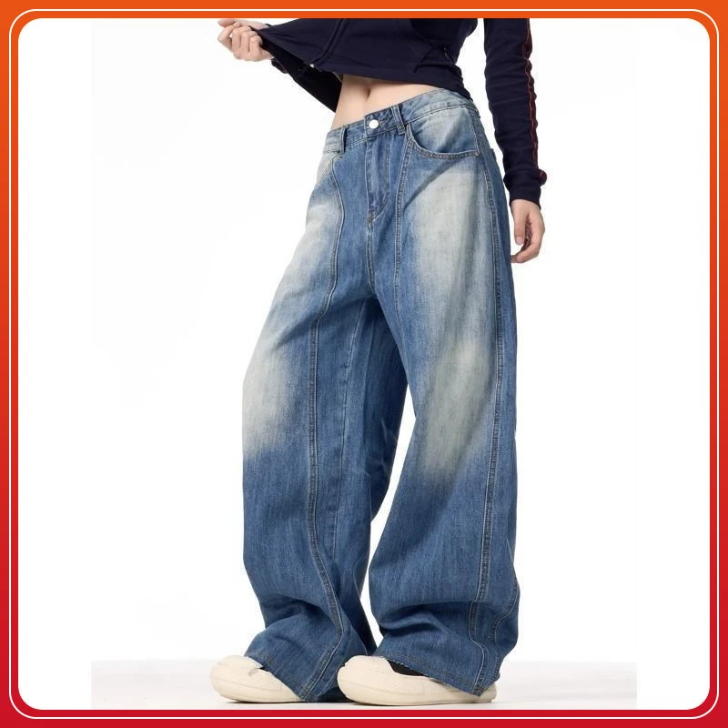 美式复古水洗闪电纹解构感弯刀牛仔裤男女宽松立体剪裁廓形裤裤子