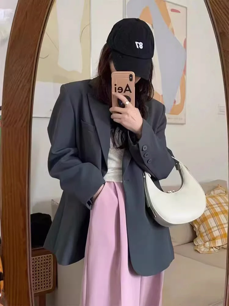 高级灰西装外套女小个子2024早春新款韩版宽松休闲一粒扣炸街西服