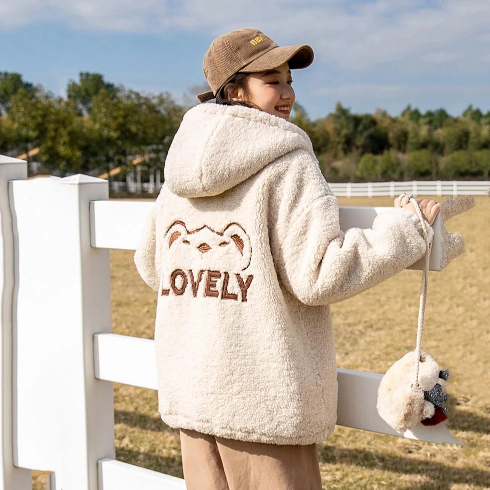 高中生仿羊羔绒外套少女孩秋冬装初中学生新款加绒加厚大童14岁