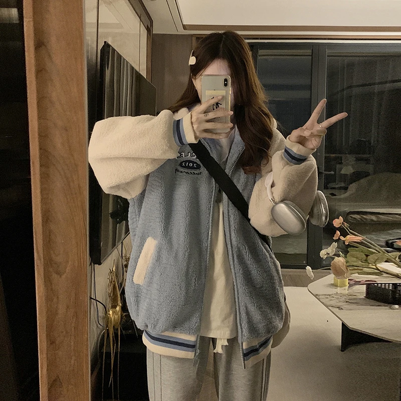 秋冬装季加绒加厚女新款仿羊羔绒中学生国风棉袄女款加绒加厚