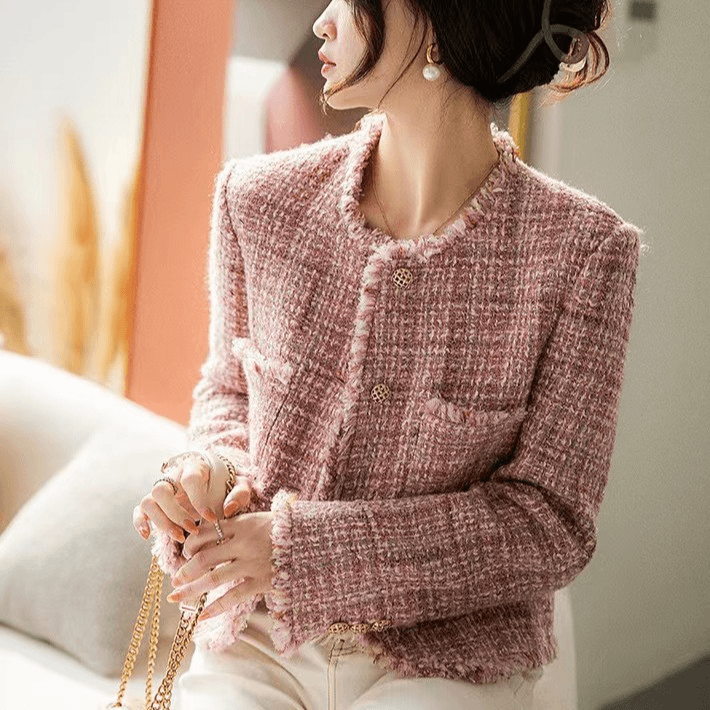 SS7109“晶粉草莓挞”瑞丽女孩经典香风粗花呢短外套时尚针织毛呢