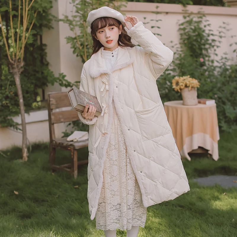 森系复古蝴蝶结绑带百搭拼接白女长款加厚冬装棉衣外套白色连帽