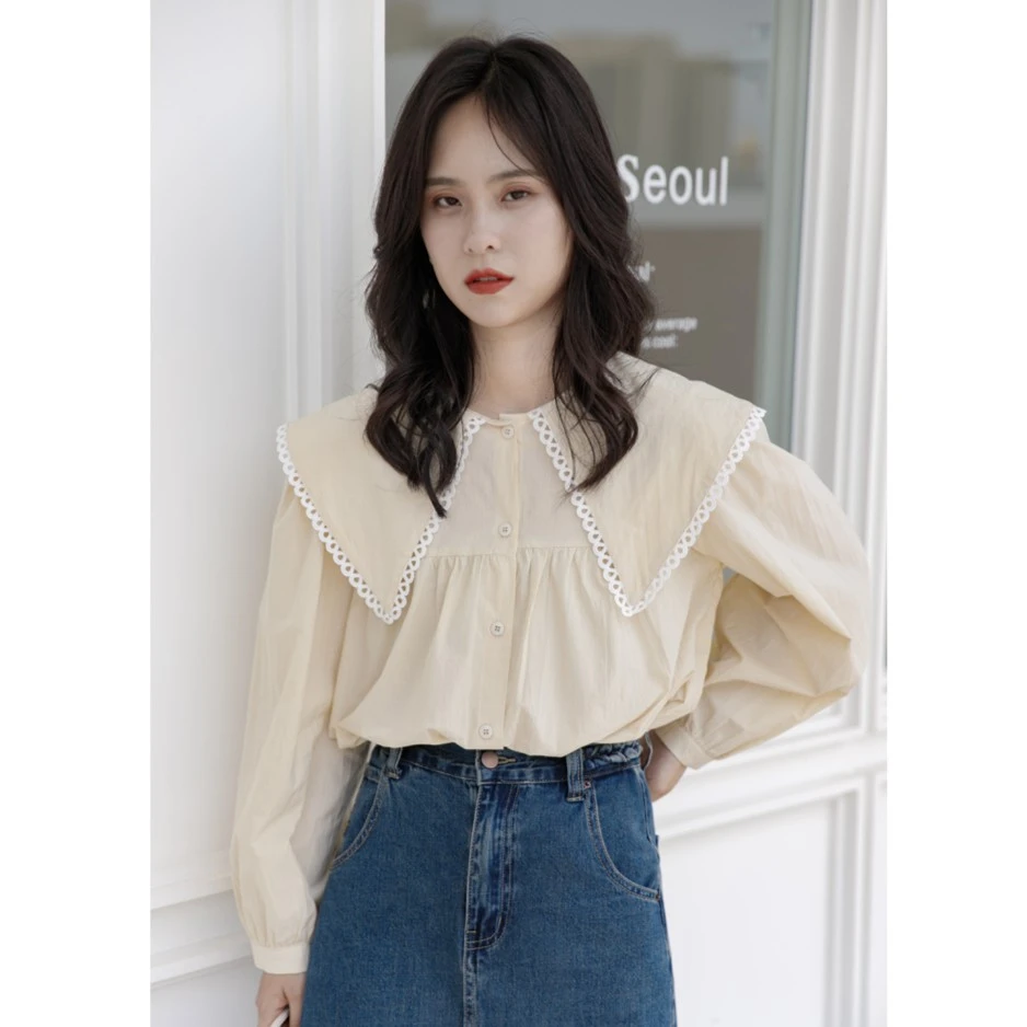 复古娃娃领长袖衬衫女设计感小众宽松韩版学生法式别致上衣小个子