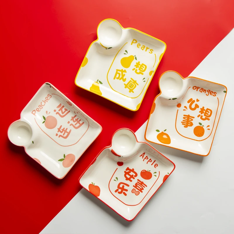 【随机发货】高颜值网红带醋碟饺子盘家用创意分格盘ins风卡通
