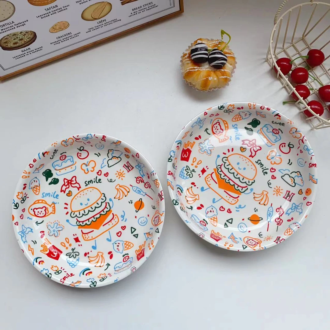 【8寸菜盘2个】ins涂鸦可爱陶瓷餐具菜盘深盘碟子釉下彩耐高温家用