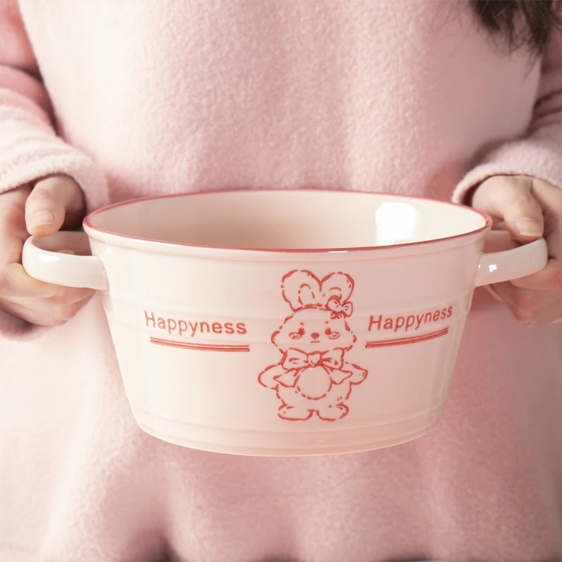 好运兔软萌萌双耳汤碗家用陶瓷餐具1个装可爱少女心大号学生宿舍