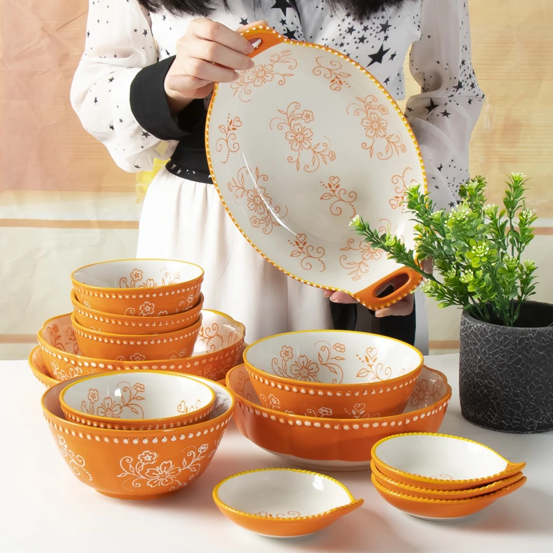 橙色勾花双耳浮雕大鱼盘-1个装大号清蒸鱼盘釉下彩家用陶瓷餐具