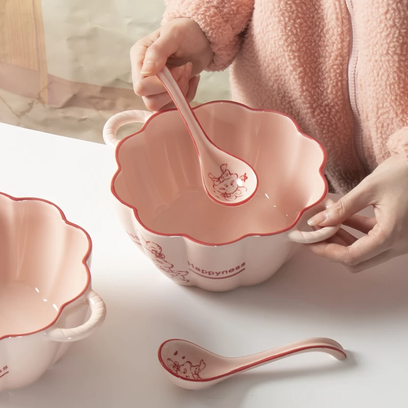 好运兔粉嫩少女可爱呆萌双耳家用陶瓷南瓜大号汤碗大容量高颜值